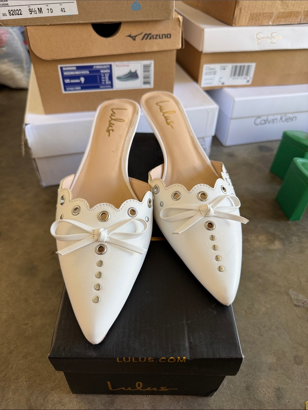 Lulu's White Pointed Bow-Trim Slip-On Mules